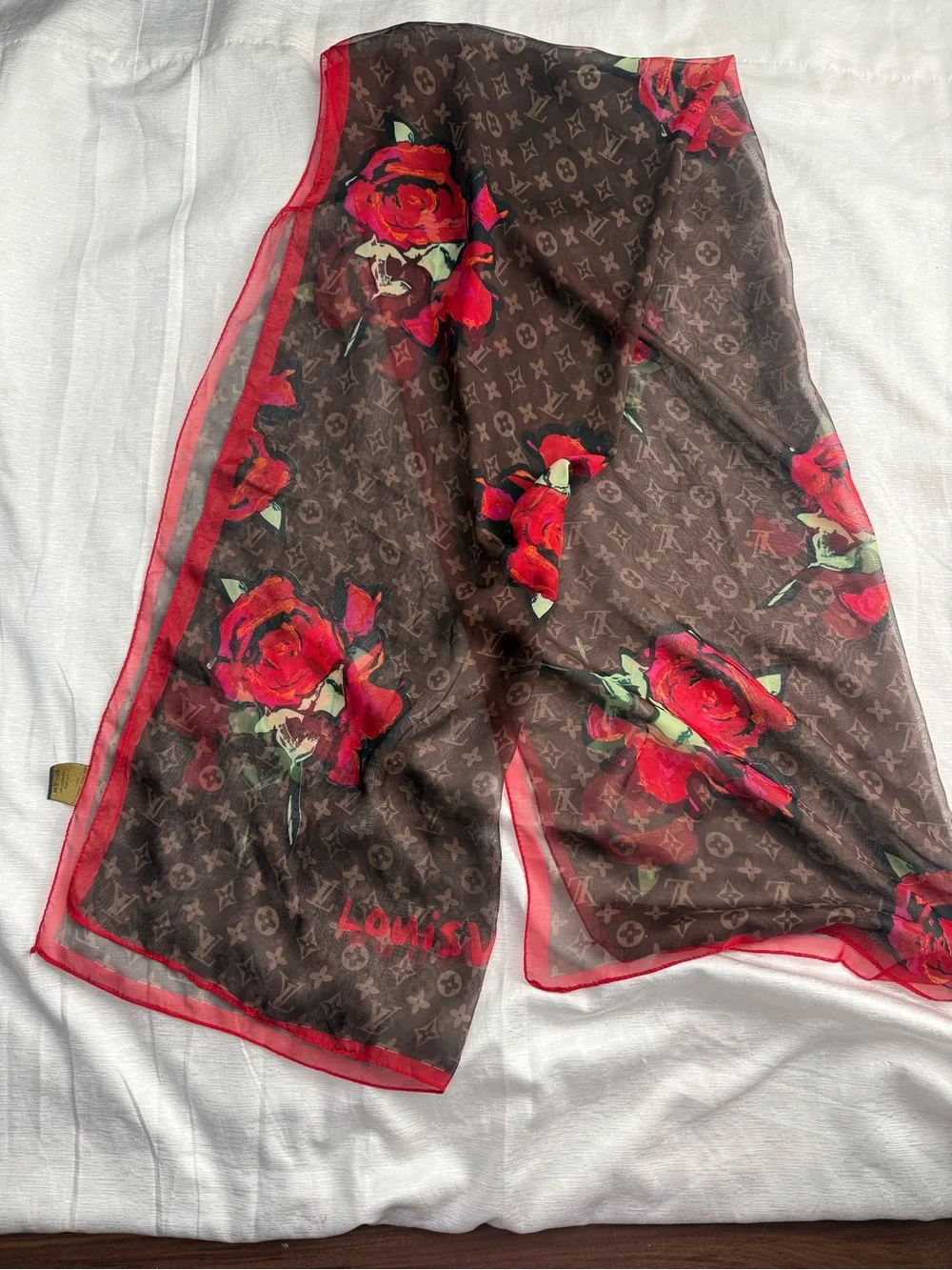 Louis Vuitton Brown Scarf with Red Rose Print